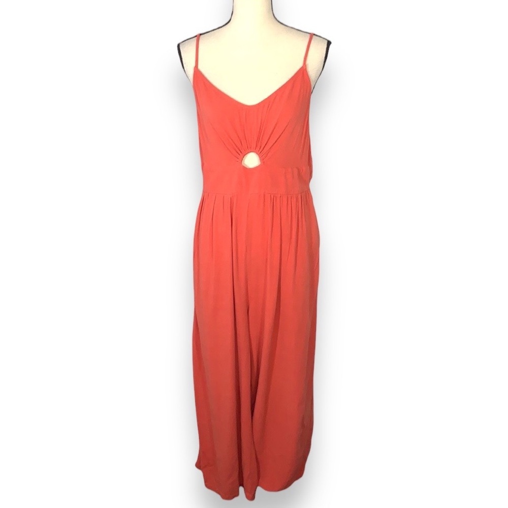 Boho Peach Sleeveless V-Neck Cropped Jumpsuit Romper Cutout Detail Pockets